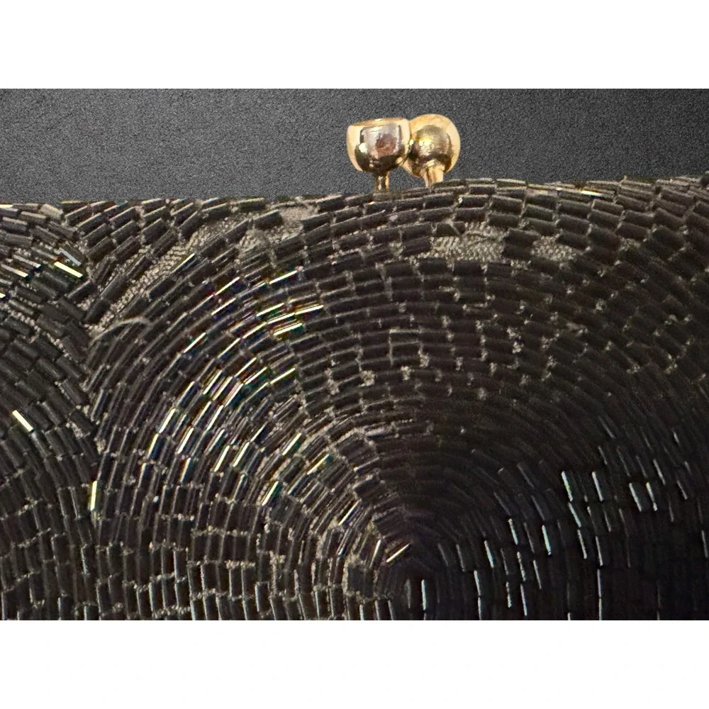 Magid Vintage Hand Beaded Clutch Black Silver Swirl Kiss Lock Evening Bag Japan